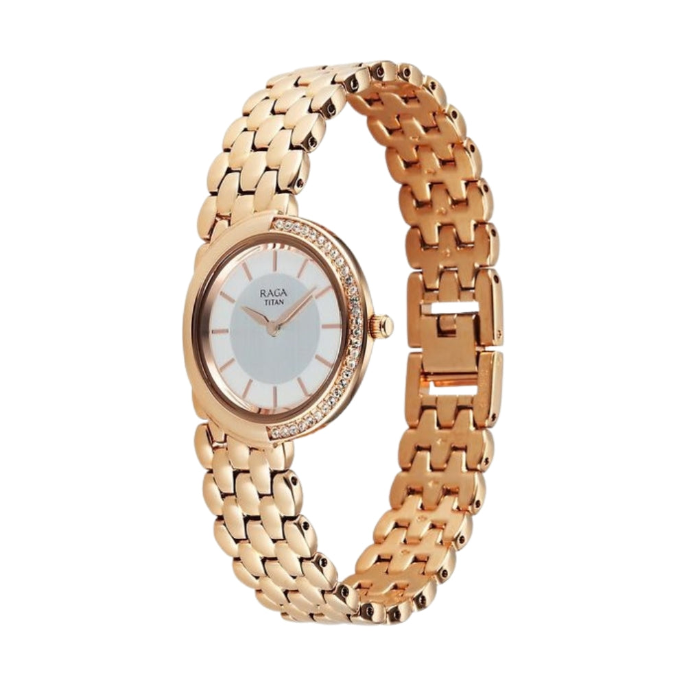 Titan Raga Chic Glam Quartz Analog Mother Of Pearl Dial Rose Gold Metal Strap Watch For Women 95392WM01