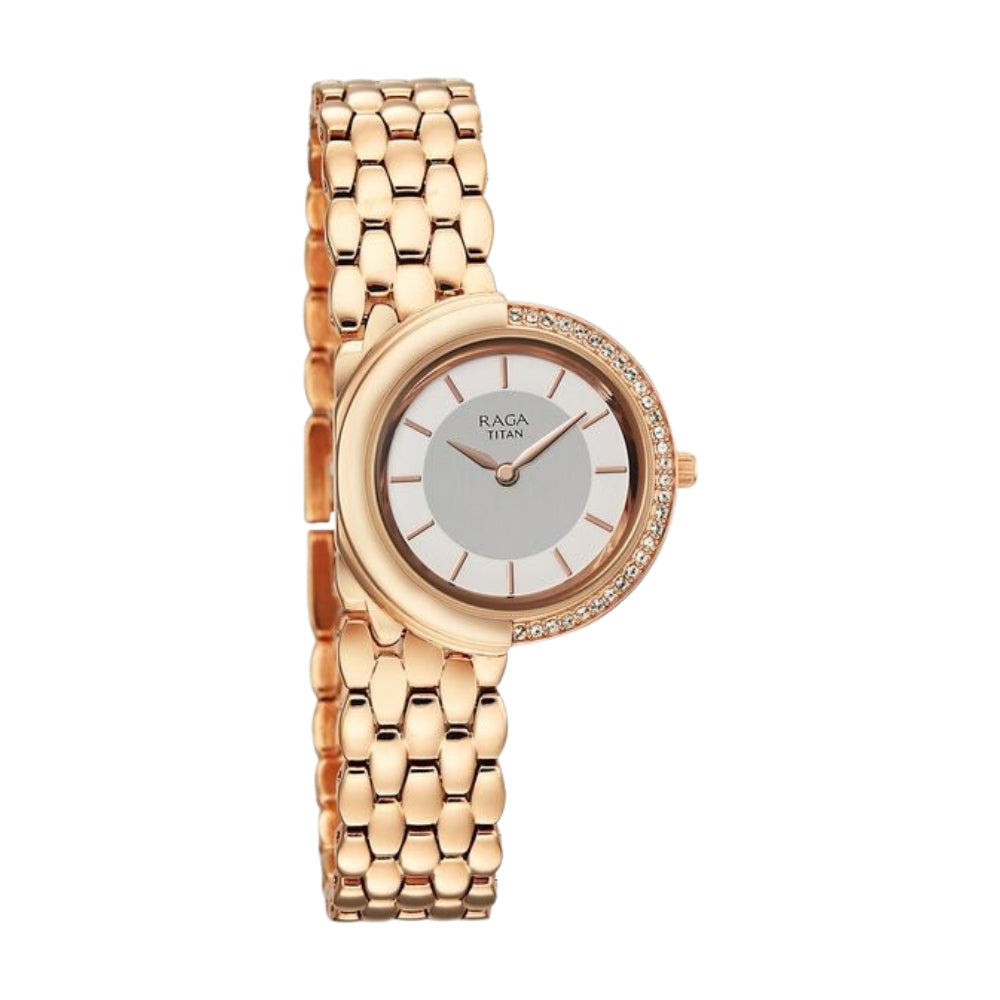 Titan Raga Chic Glam Quartz Analog Mother Of Pearl Dial Rose Gold Metal Strap Watch For Women 95392WM01