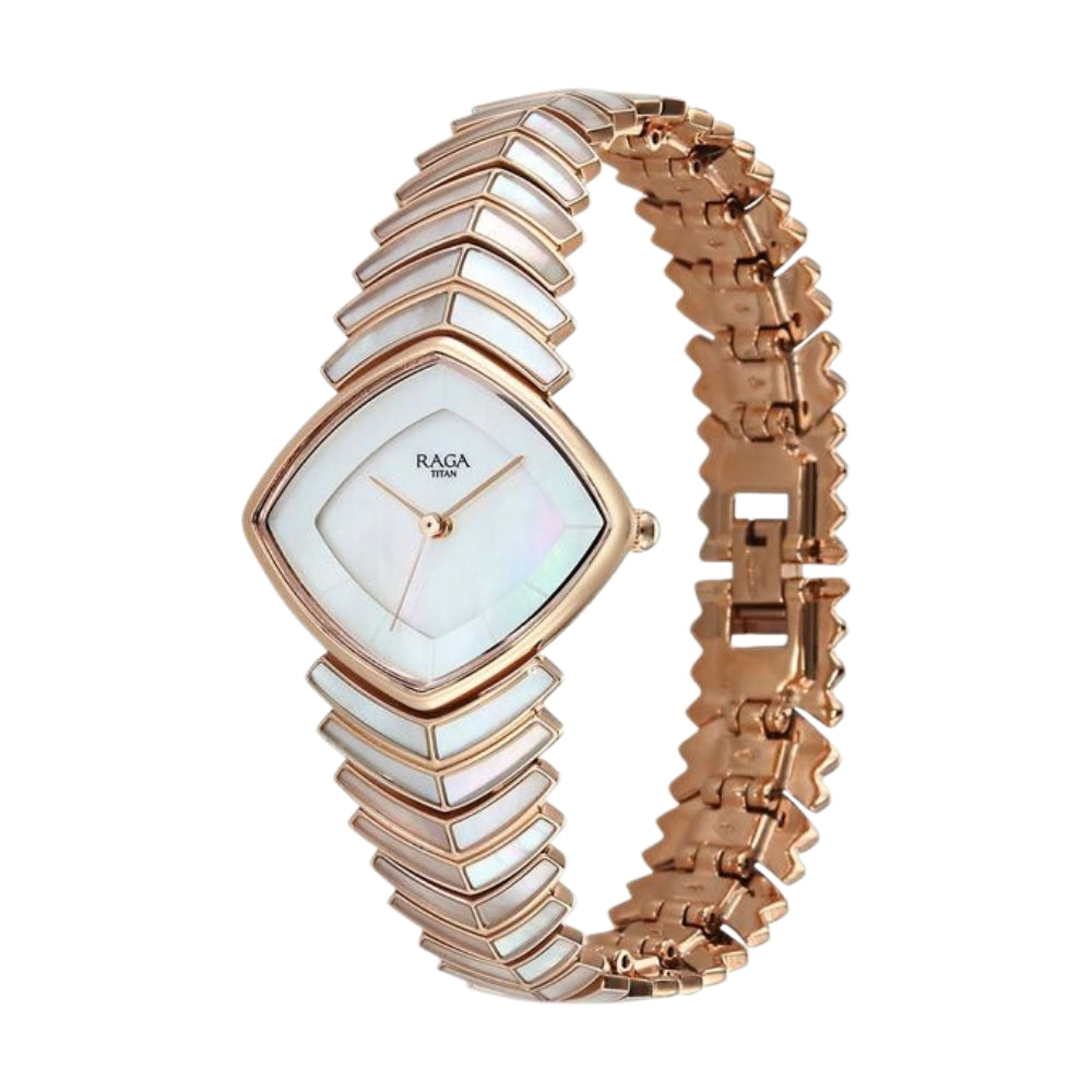 Titan Raga Chic Glam Quartz Analog Mother Of Pearl Dial Rose Gold Metal Strap Watch For Women 95393WM03