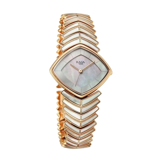 Titan Raga Chic Glam Quartz Analog Mother Of Pearl Dial Rose Gold Metal Strap Watch For Women 95393WM03
