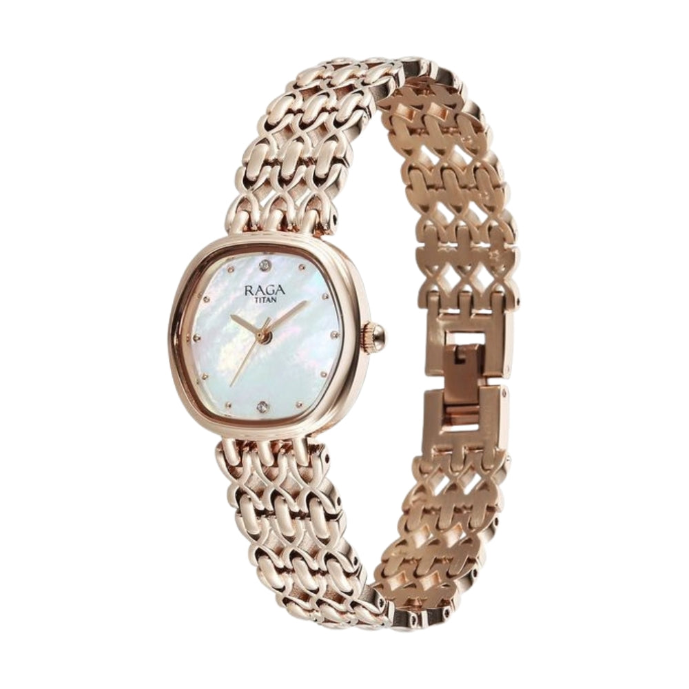 Titan Raga Spotlight Quartz Analog White Dial Rose Gold Metal Strap Watch For Women 95421WM01