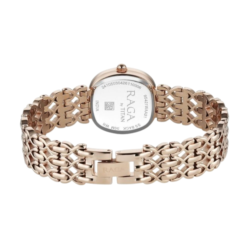 Titan Raga Spotlight Quartz Analog White Dial Rose Gold Metal Strap Watch For Women 95421WM01