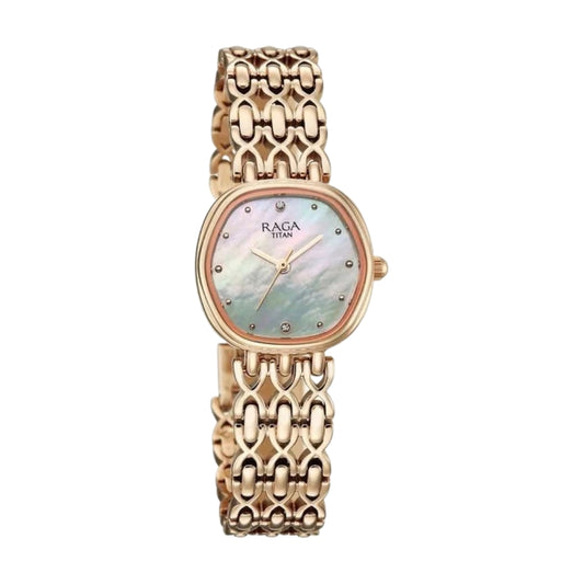 Titan Raga Spotlight Quartz Analog White Dial Rose Gold Metal Strap Watch For Women 95421WM01