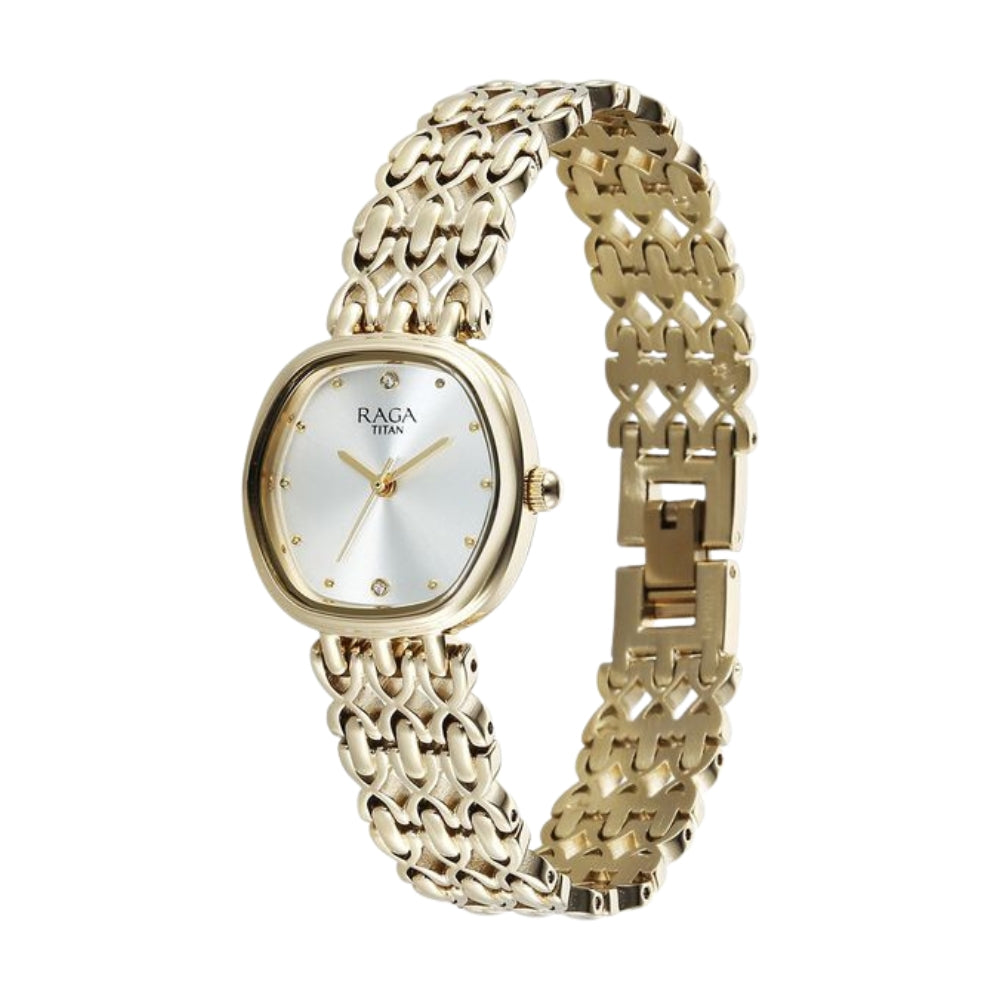 Titan Raga Spotlight Quartz Analog White Dial Golden Metal Strap Watch For Women 95421YM01