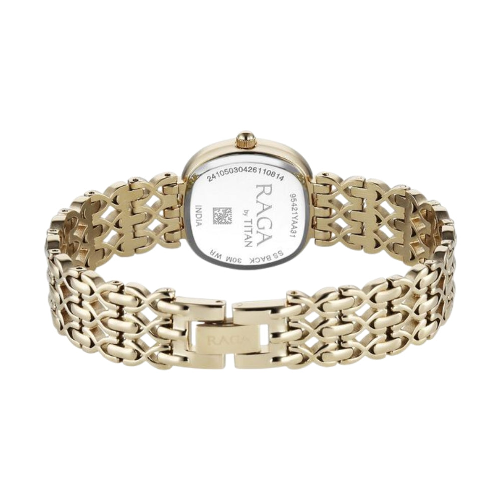 Titan Raga Spotlight Quartz Analog White Dial Golden Metal Strap Watch For Women 95421YM01