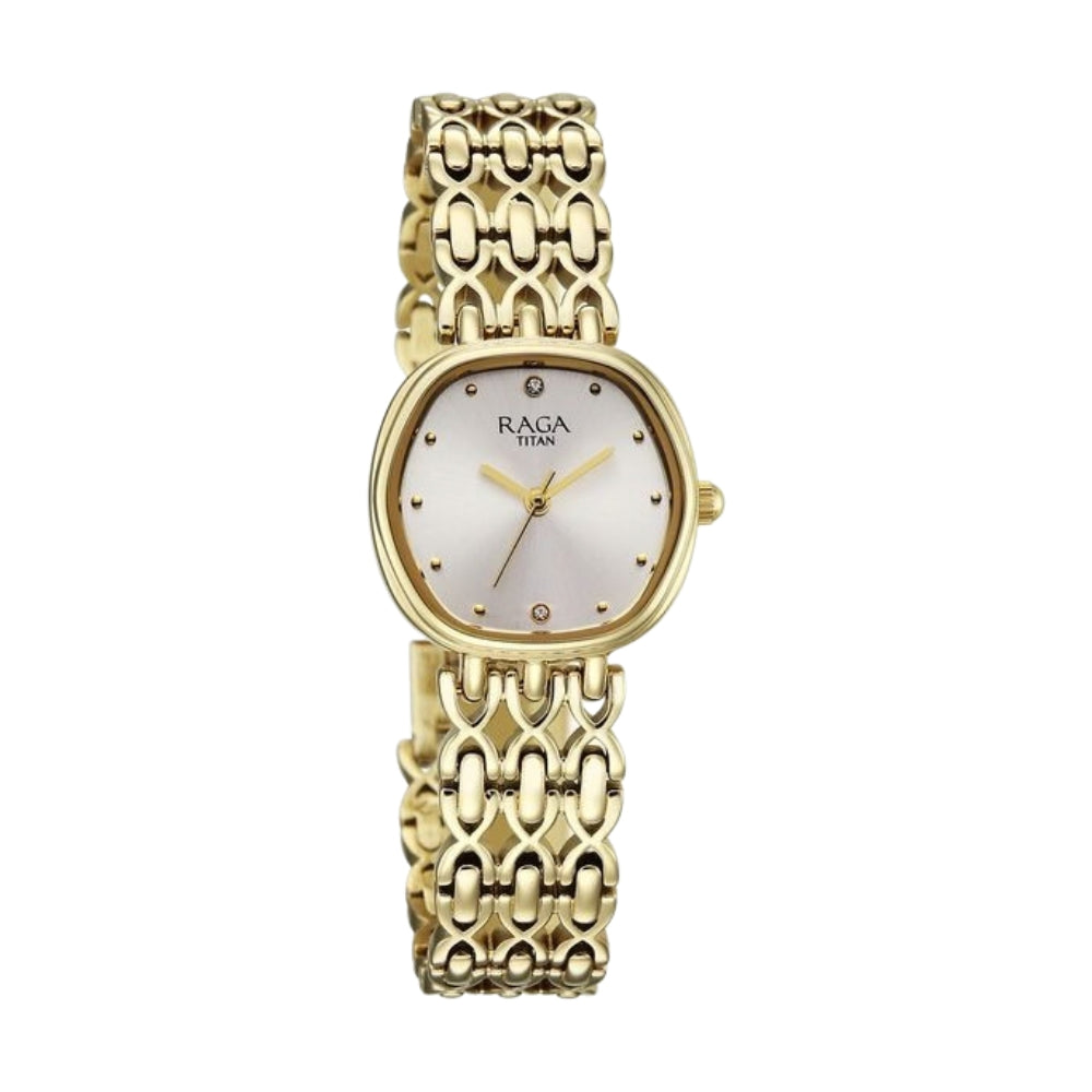 Titan Raga Spotlight Quartz Analog White Dial Golden Metal Strap Watch For Women 95421YM01