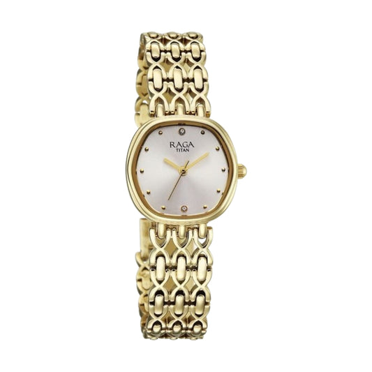 Titan Raga Spotlight Quartz Analog White Dial Golden Metal Strap Watch For Women 95421YM01