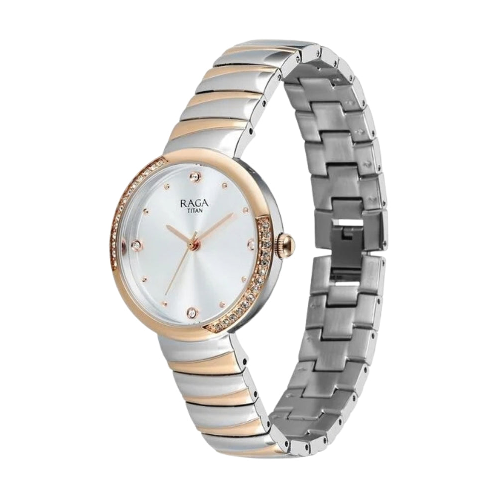 Titan Raga Spotlight Quartz Analog Silver Dial Two Toned Metal Strap Watch For Women 95427KM01