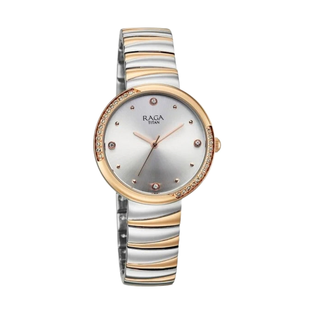 Titan Raga Spotlight Quartz Analog Silver Dial Two Toned Metal Strap Watch For Women 95427KM01