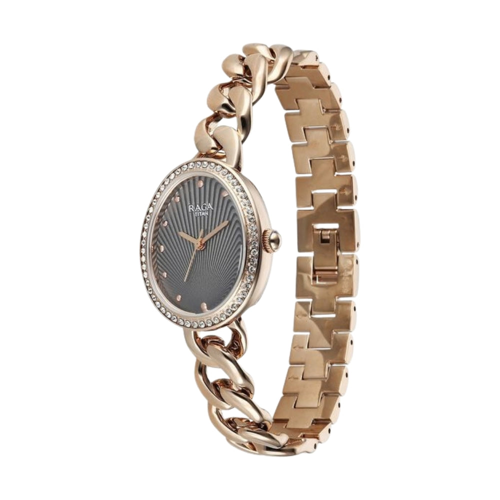 Titan Raga Spotlight Quartz Analog Grey Dial Rose Gold Metal Strap Watch For Women 95429WM01