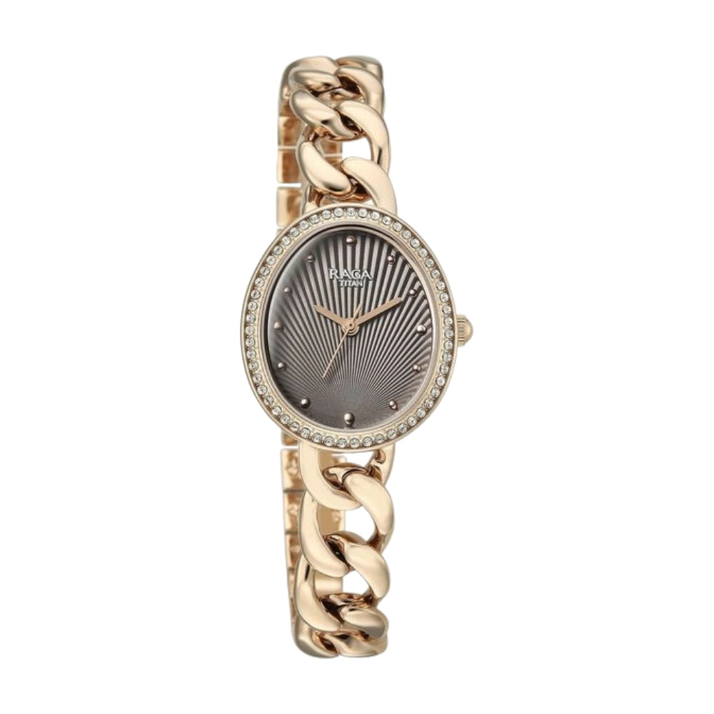 Titan Raga Spotlight Quartz Analog Grey Dial Rose Gold Metal Strap Watch For Women 95429WM01