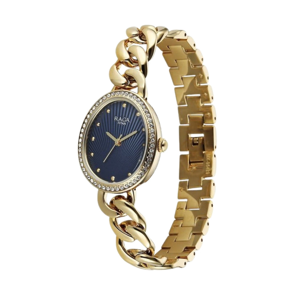 Titan Raga Spotlight Quartz Analog Blue Dial Golden Metal Strap Watch For Women 95429YM01