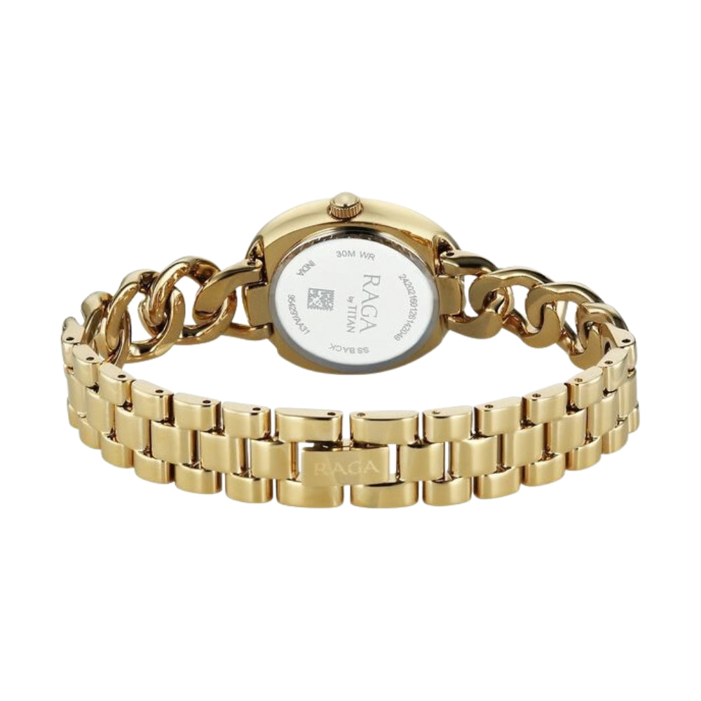 Titan Raga Spotlight Quartz Analog Blue Dial Golden Metal Strap Watch For Women 95429YM01