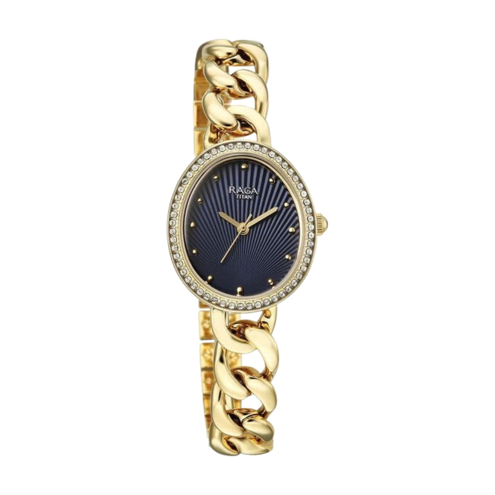 Titan Raga Spotlight Quartz Analog Blue Dial Golden Metal Strap Watch For Women 95429YM01