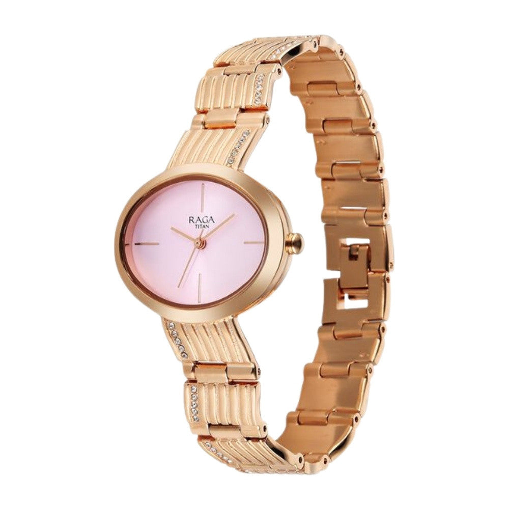 Titan Raga Glimmers Quartz Analog Pink Dial Rose Gold Metal Strap Watch For Women 95362WM01