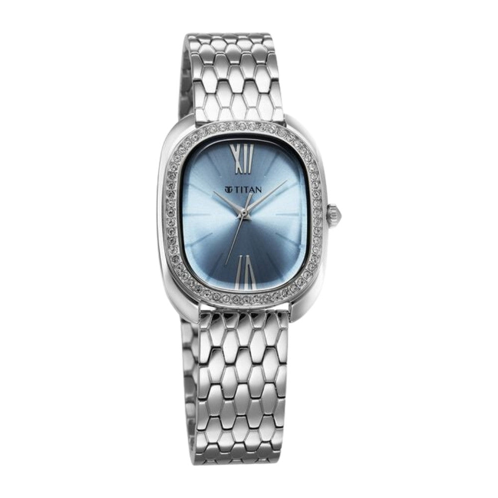 Titan Glamour Quartz Analog Blue Dial Silver Stainless Steel Strap Watch For Women 95317SM01
