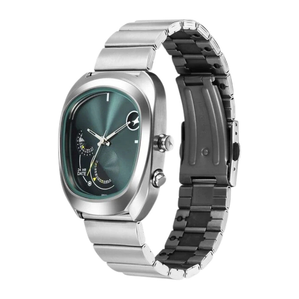Fastrack UFO Quartz Multifunction Green Dial Silver Stainless Steel Strap Watch For Guys 3327SM01