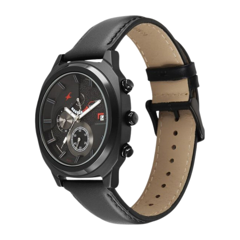 Fastrack Kronos Guys Chronograph Watch With Date Black Dial & Black Leather Strap 3335NL02