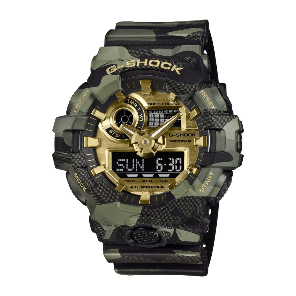 Casio G-Shock BOLD CAMO SERIES, CAMO AND GOLD ANALOG-DIGITAL GA-700 SERIES GA-700CMG-3A