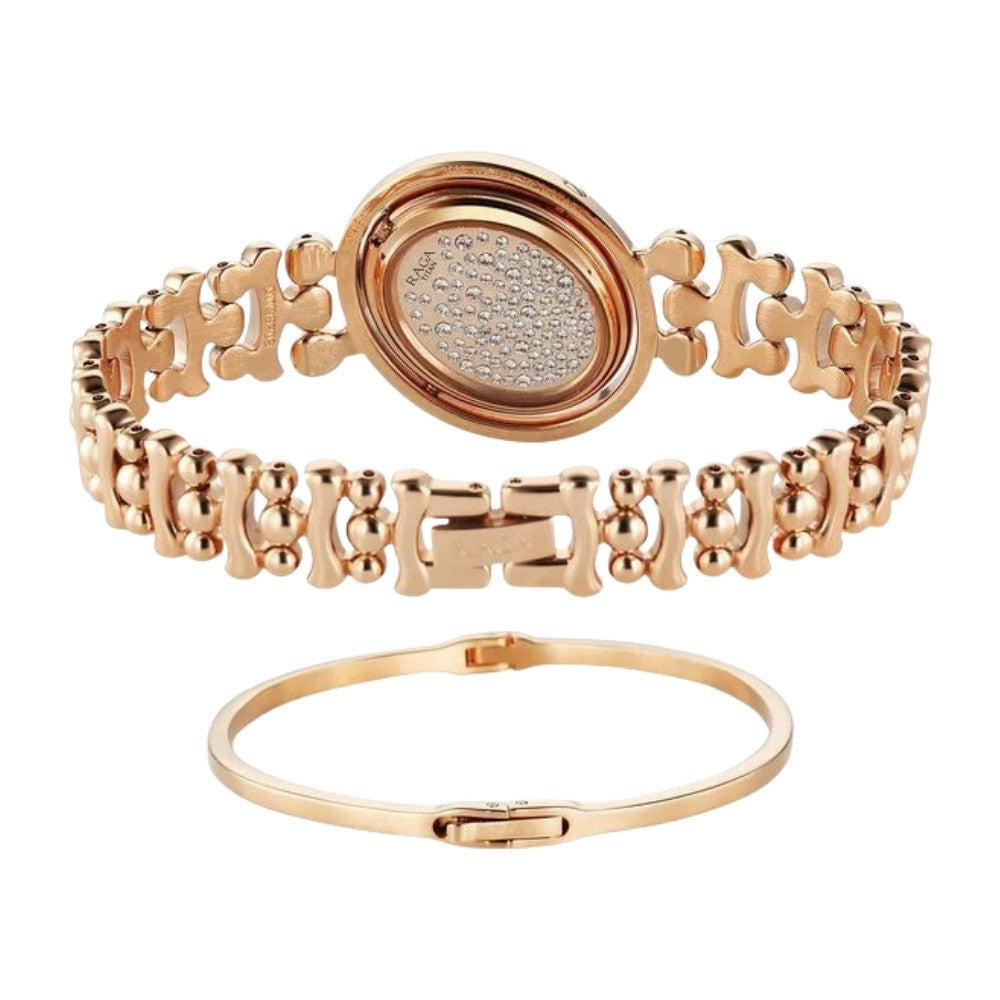 Titan Raga Glimmers Quartz Analog Mother of Pearl Dial Rose Gold Metal Strap Watch For Women 95202WM01F
