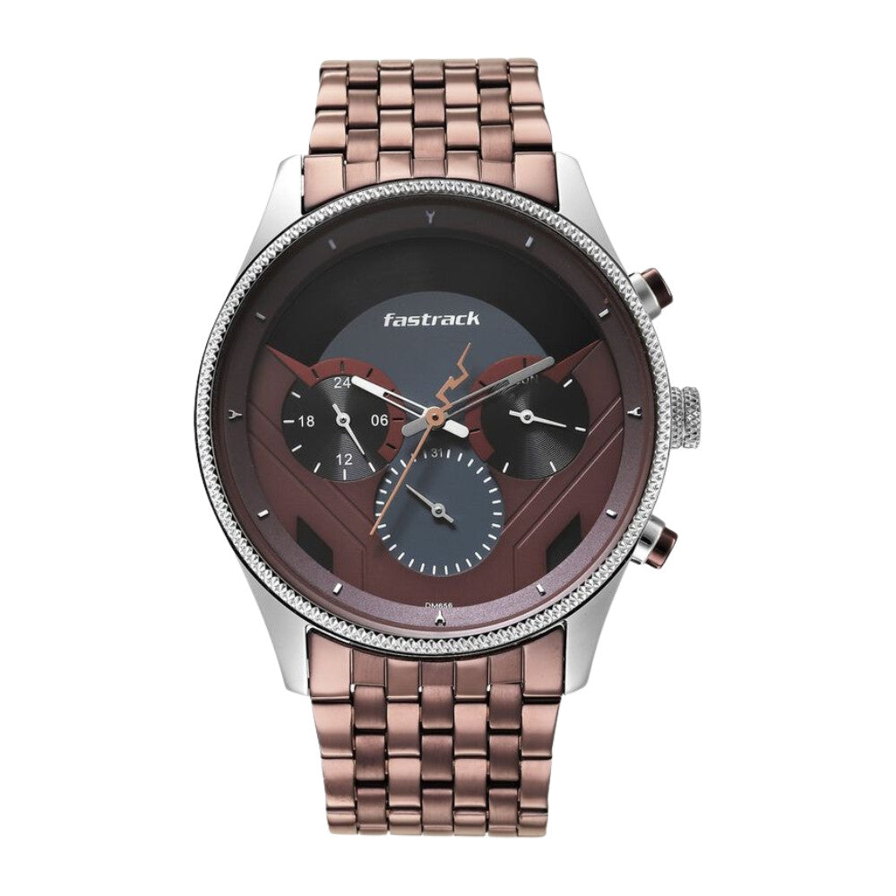 Fastrack Thor Quartz Multifunction Red Dial Metal Strap Watch for Guys 3286KM01