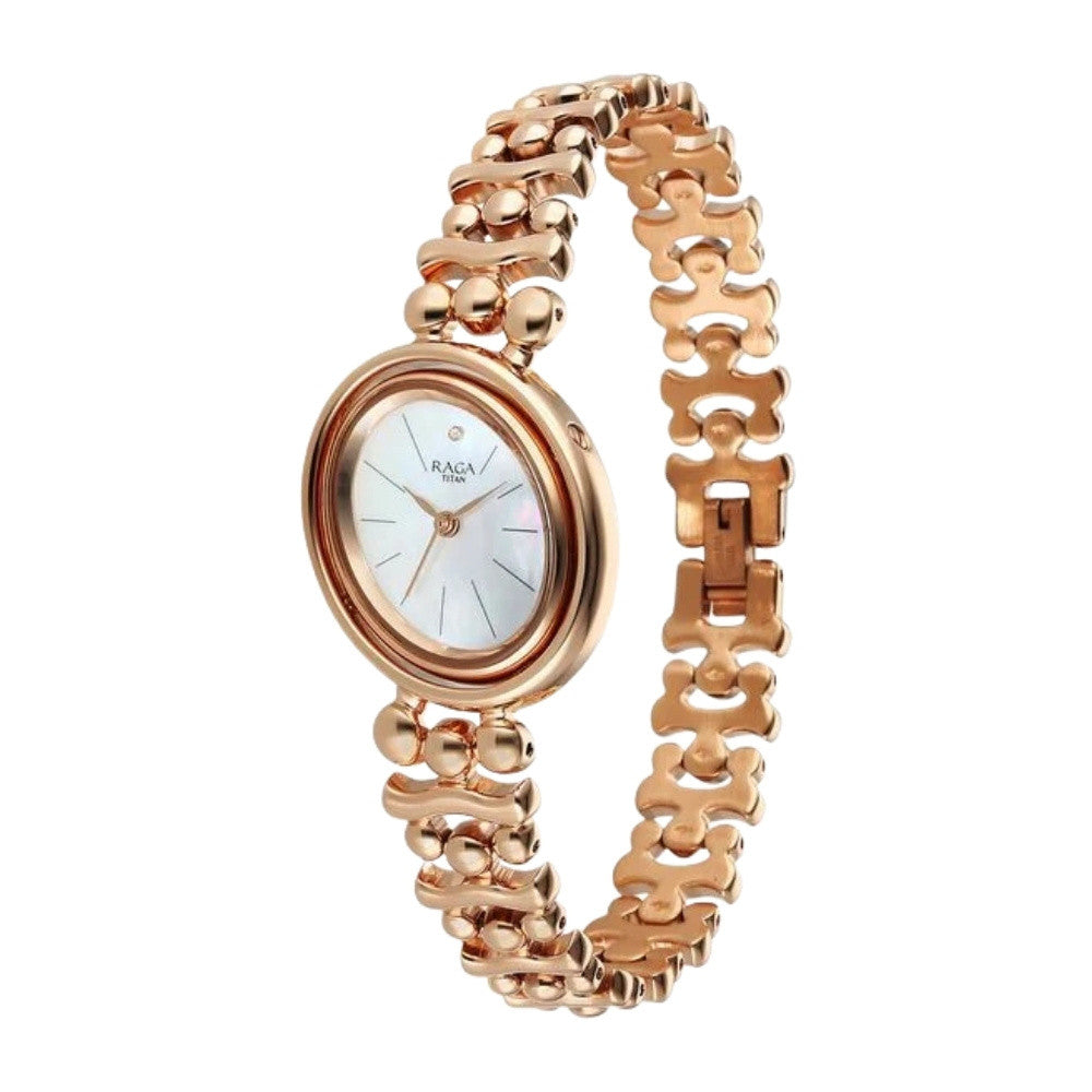 Titan Raga Glimmers Quartz Analog Mother of Pearl Dial Rose Gold Metal Strap Watch For Women 95202WM01F