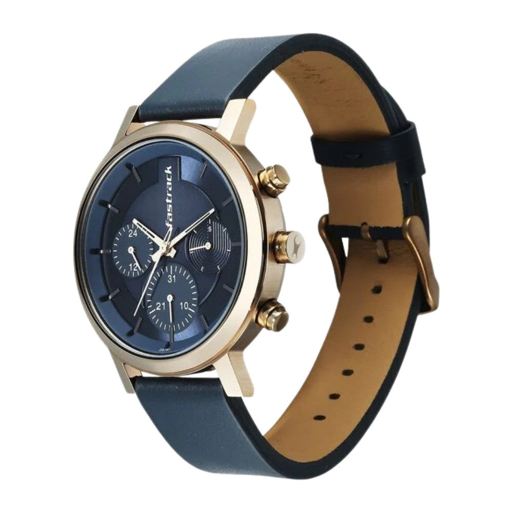 Fastrack Chrome K Quartz Multifunction Blue Dial Blue Leather Strap Watch For Guys 3287QL04