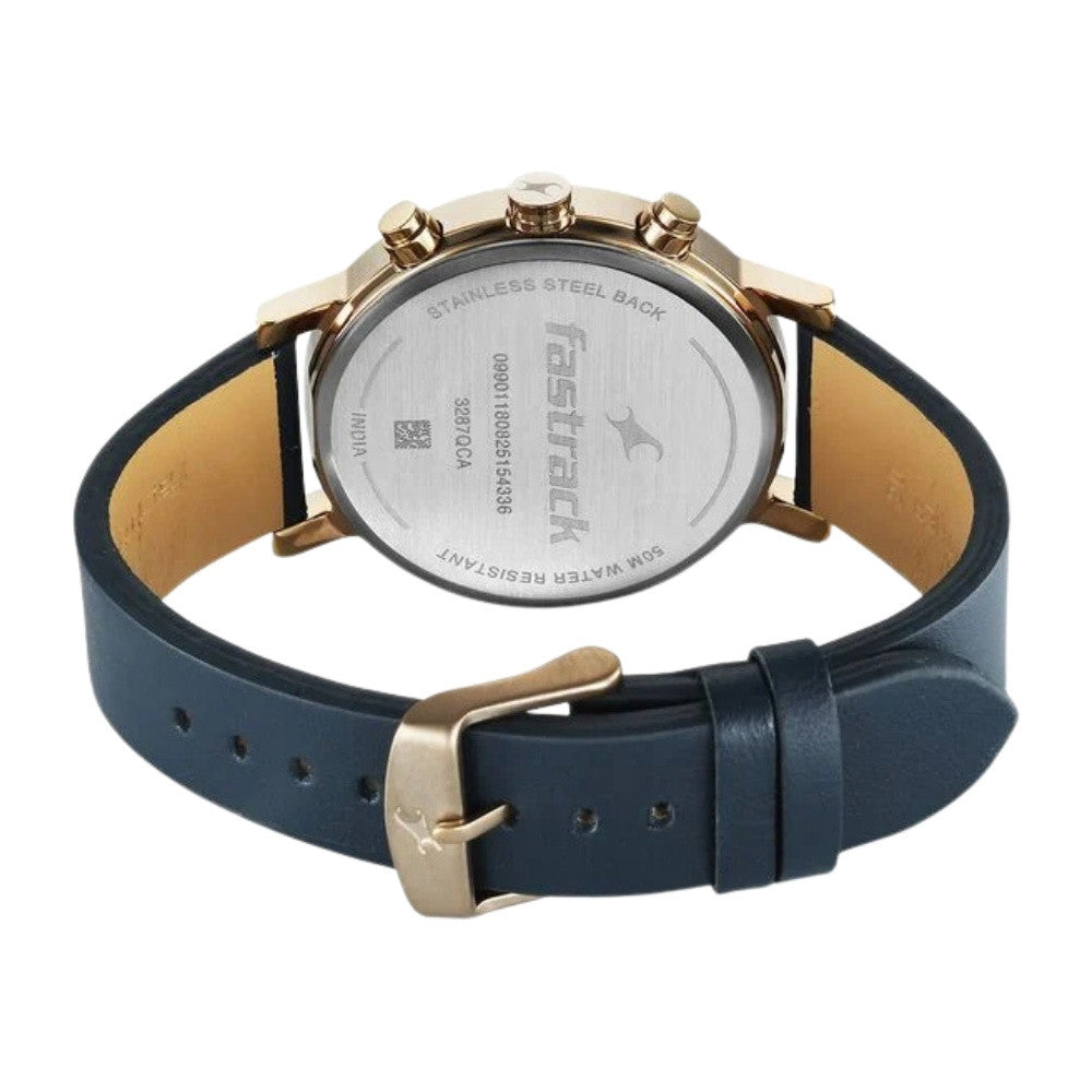 Fastrack Chrome K Quartz Multifunction Blue Dial Blue Leather Strap Watch For Guys 3287QL04