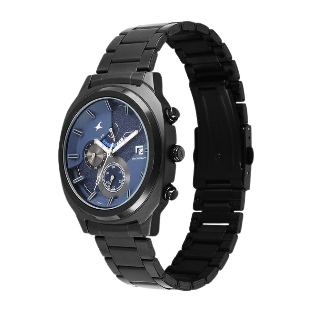 Fastrack Kronos Guys Chronograph Watch With Date Blue Dial & Black Stainless Steel Strap 3335NM01