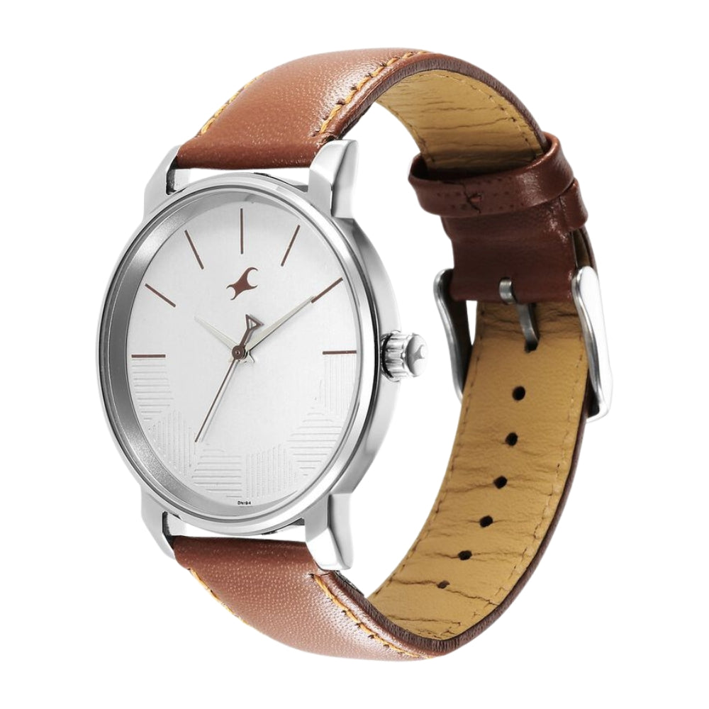 Fastrack Stunners Quartz Analog Silver Dial Leather Strap Watch for Guys 3291SL02