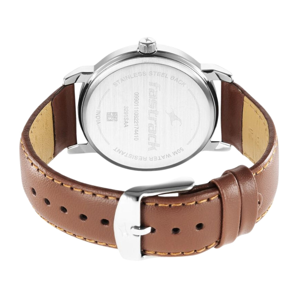 Fastrack Stunners Quartz Analog Silver Dial Leather Strap Watch for Guys 3291SL02