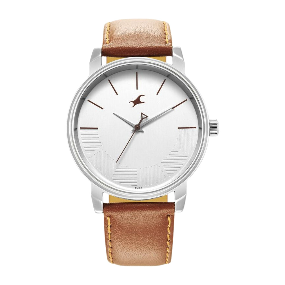 Fastrack Stunners Quartz Analog Silver Dial Leather Strap Watch for Guys 3291SL02