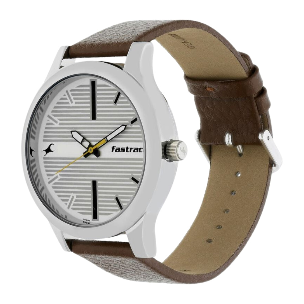 Fastrack Fundamentals Quartz Analog White Dial Leather Strap Watch for Guys 38051SL01