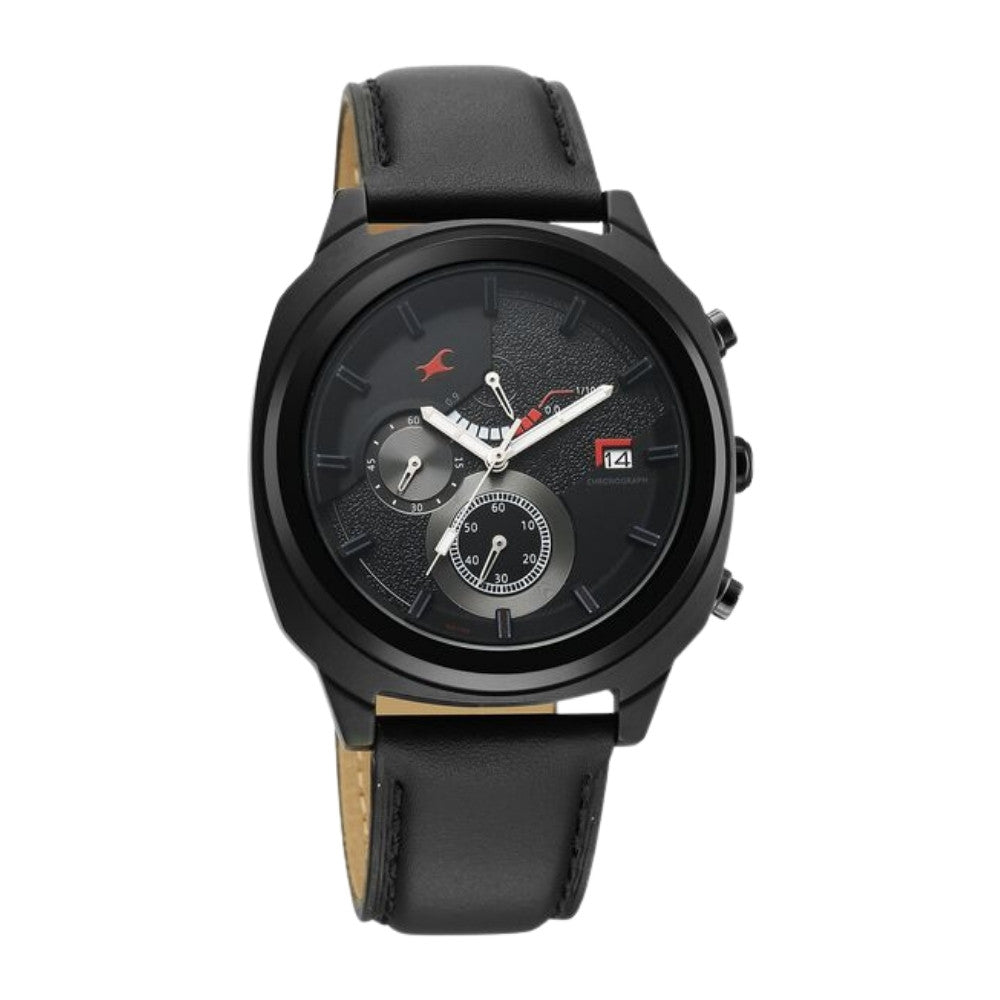 Fastrack Kronos Guys Chronograph Watch With Date Black Dial & Black Leather Strap 3335NL02