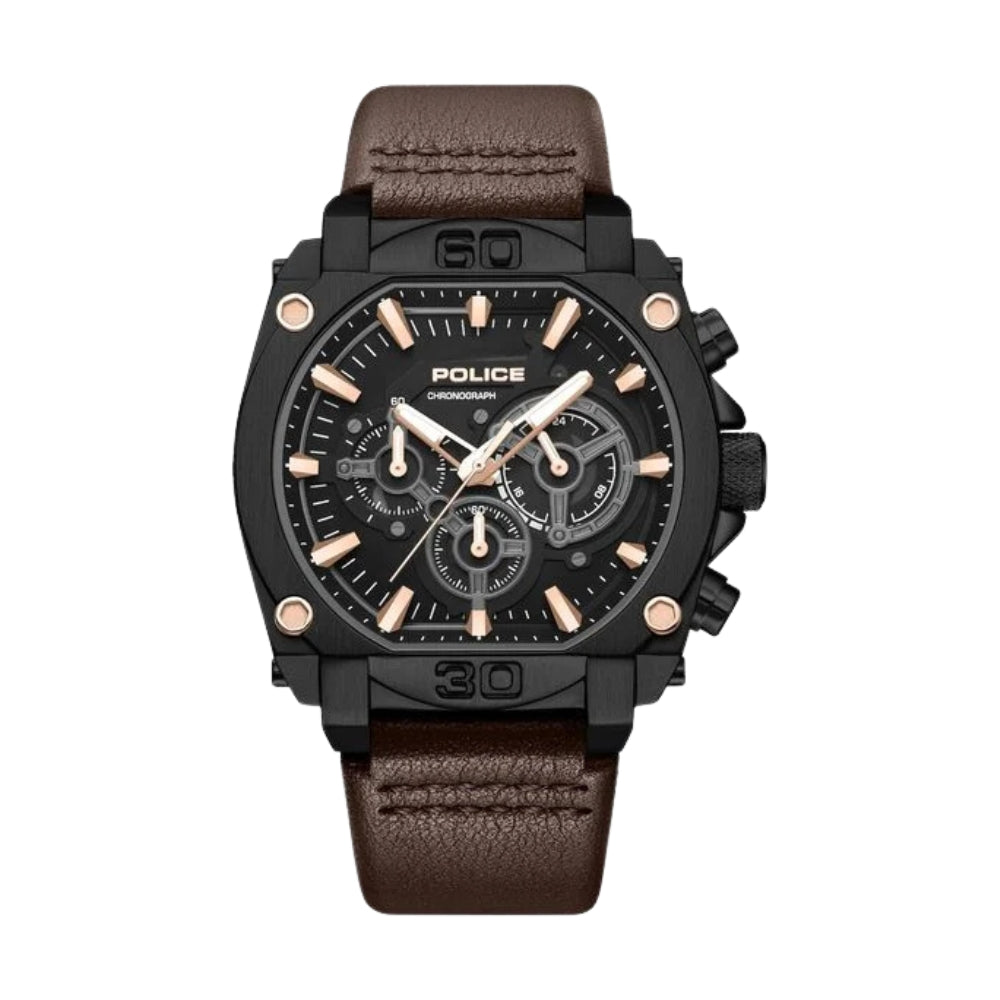 Police Quartz Chronograph Black Dial Brown Leather Strap Watch For Men PLPEWGC0092905W