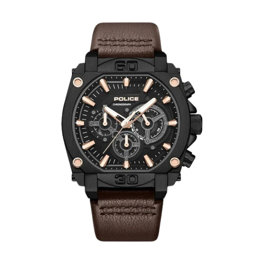 Police Quartz Chronograph Black Dial Brown Leather Strap Watch For Men PLPEWGC0092905W