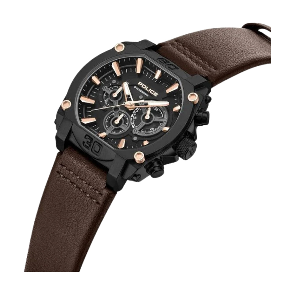 Police Quartz Chronograph Black Dial Brown Leather Strap Watch For Men PLPEWGC0092905W