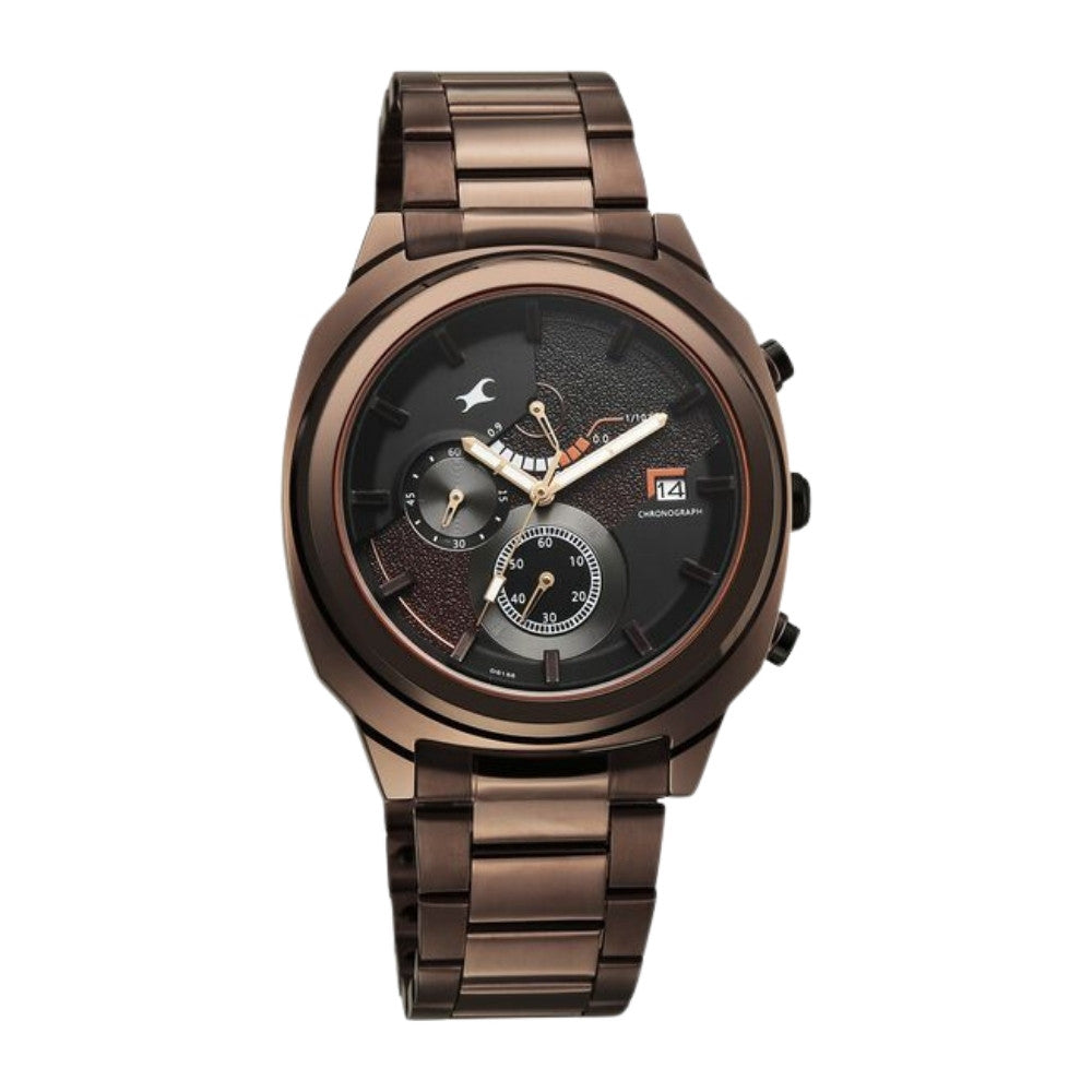 Fastrack Kronos Guys Chronograph Watch With Date Black Dial & Brown Stainless Steel Strap 3335KM01