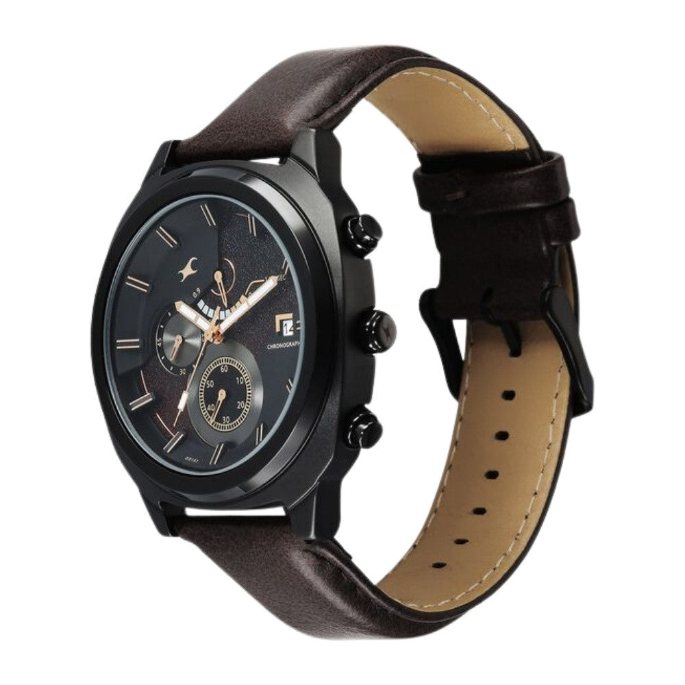 Fastrack Kronos Guys Chronograph Watch With Date Black Dial & Brown Leather Strap 3335NL01
