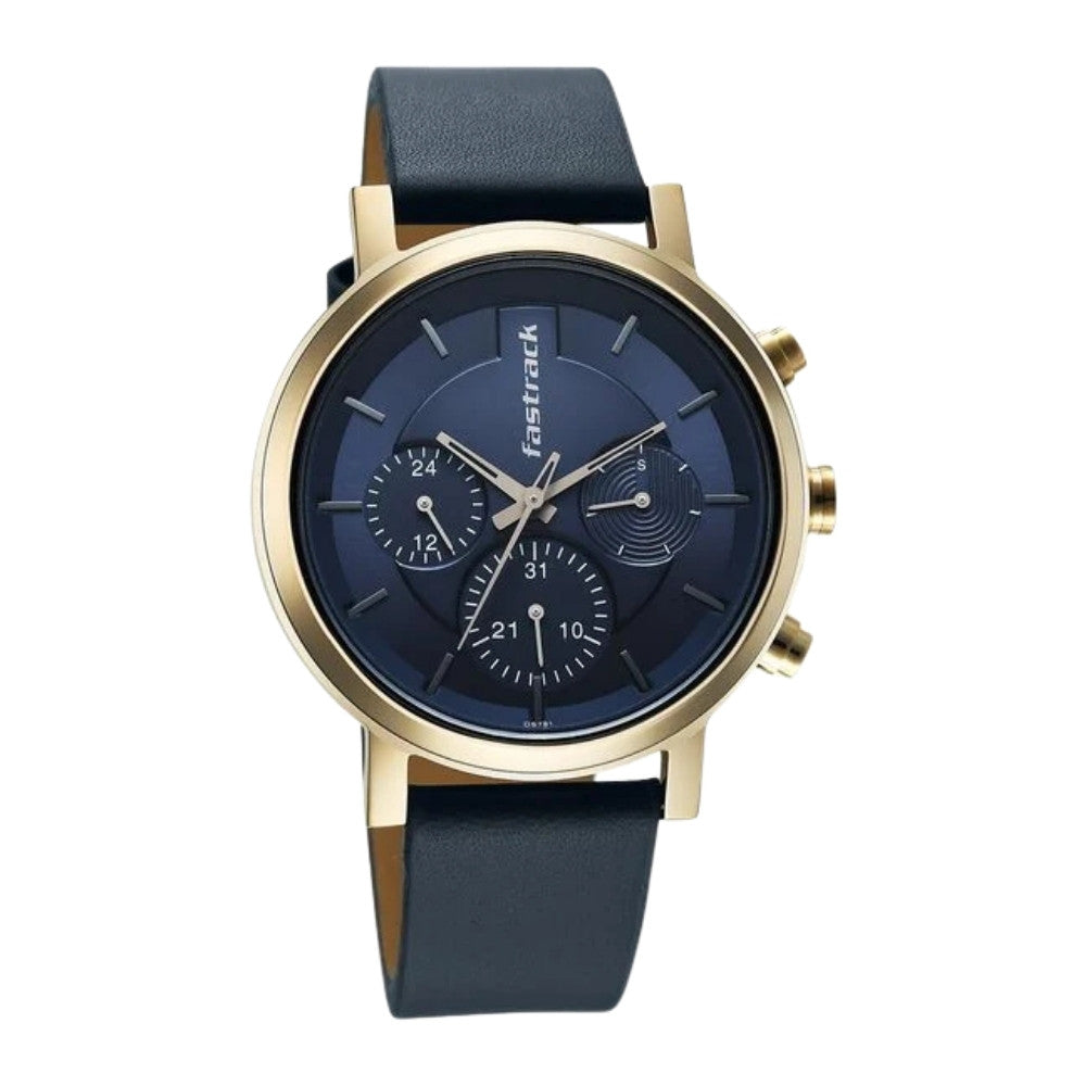 Fastrack Chrome K Quartz Multifunction Blue Dial Blue Leather Strap Watch For Guys 3287QL04