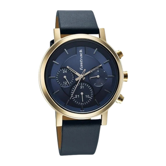 Fastrack Chrome K Quartz Multifunction Blue Dial Blue Leather Strap Watch For Guys 3287QL04