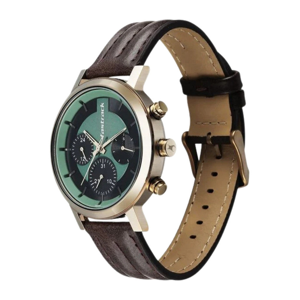 Fastrack Chrome K Quartz Multifunction Green Dial Brown Leather Strap Watch For Guys 3287QL02