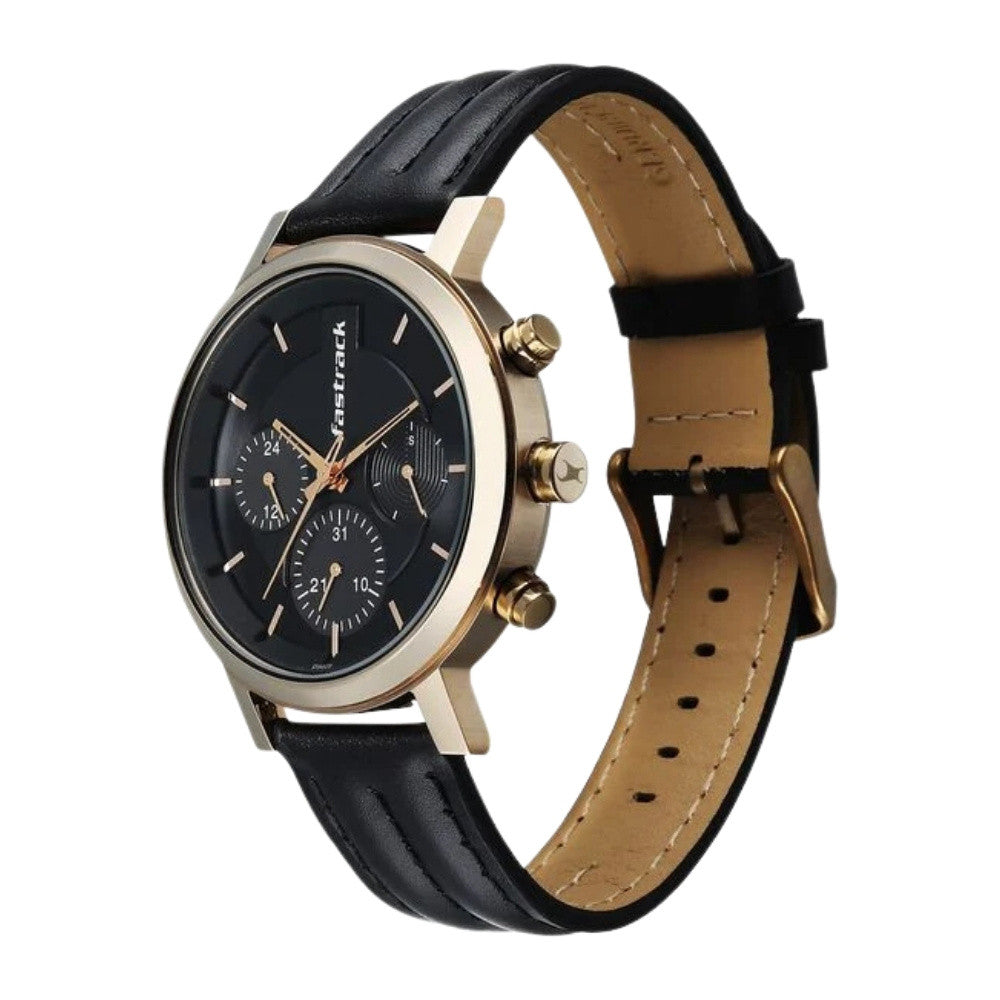 Fastrack Chrome K Quartz Multifunction Black Dial Black Leather Strap Watch For Guys 3287QL03