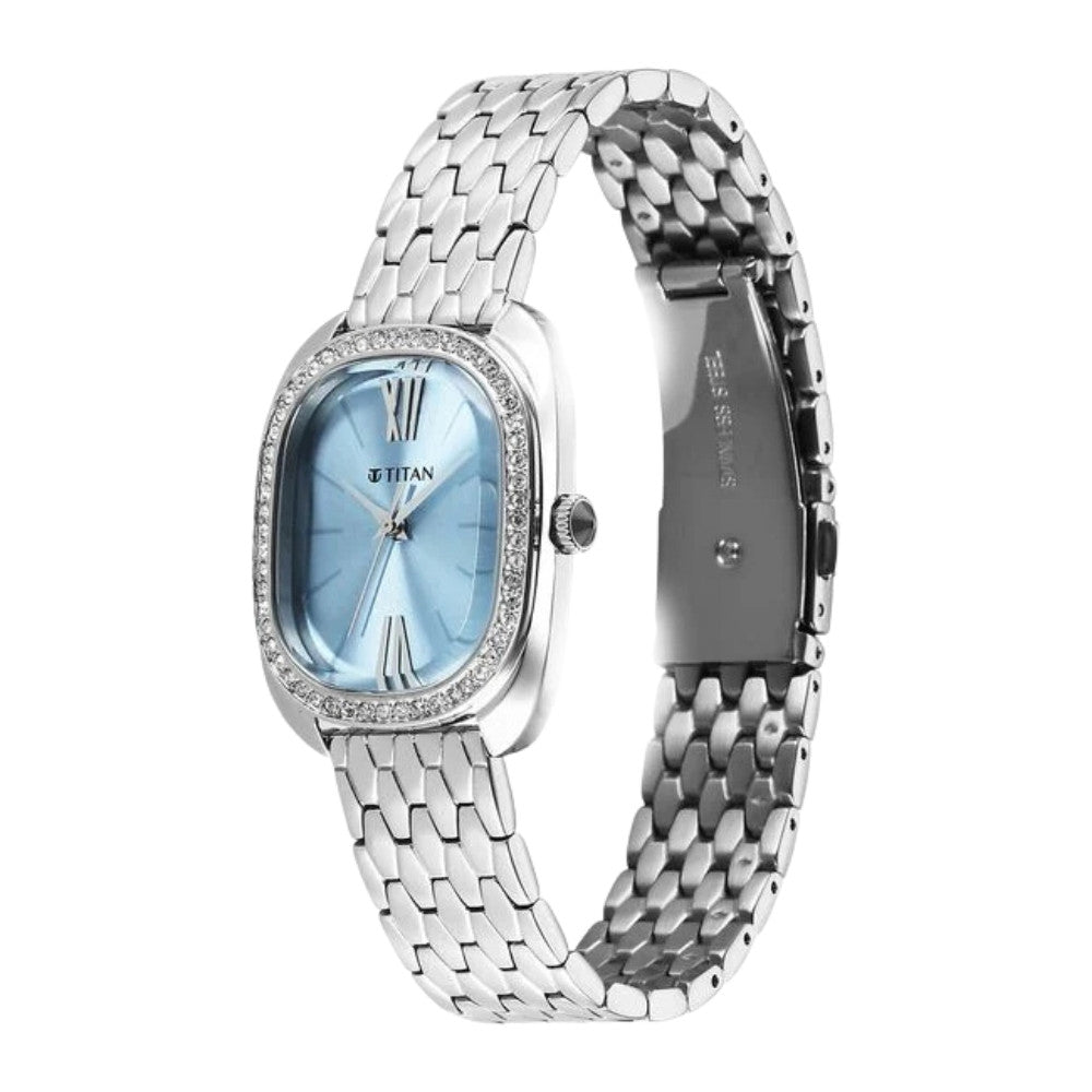 Titan Glamour Quartz Analog Blue Dial Silver Stainless Steel Strap Watch For Women 95317SM01