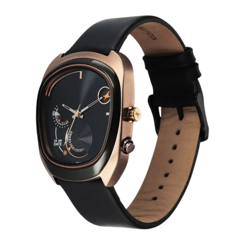 Fastrack UFO Quartz Multifunction Black Dial Black Leather Strap Watch For Guys 3327KL01
