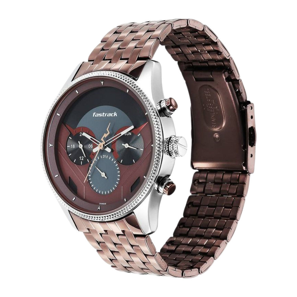 Fastrack Thor Quartz Multifunction Red Dial Metal Strap Watch for Guys 3286KM01