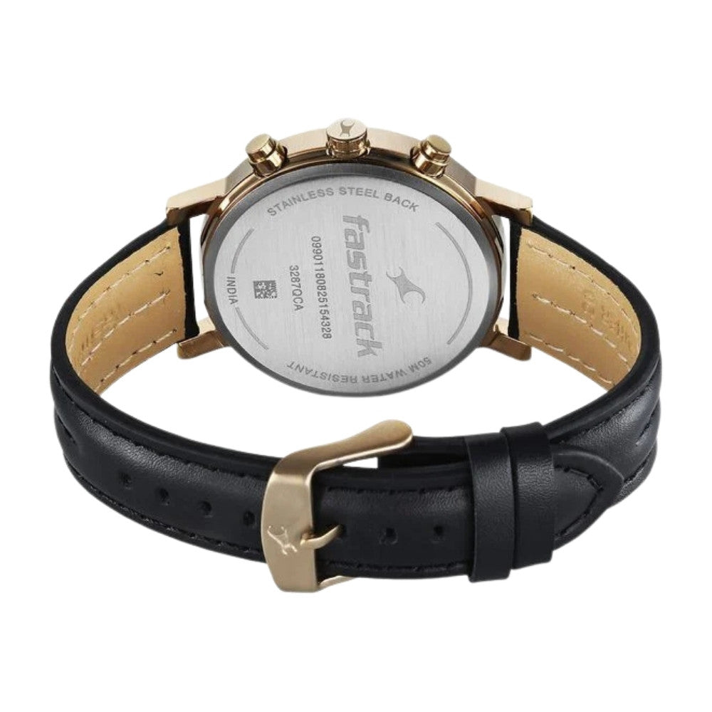 Fastrack Chrome K Quartz Multifunction Black Dial Black Leather Strap Watch For Guys 3287QL03