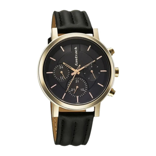 Fastrack Chrome K Quartz Multifunction Black Dial Black Leather Strap Watch For Guys 3287QL03
