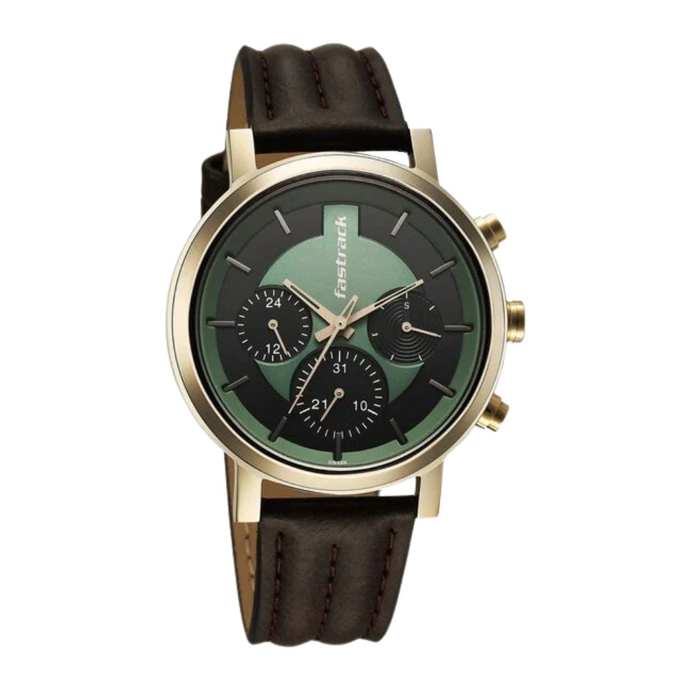 Fastrack Chrome K Quartz Multifunction Green Dial Brown Leather Strap Watch For Guys 3287QL02