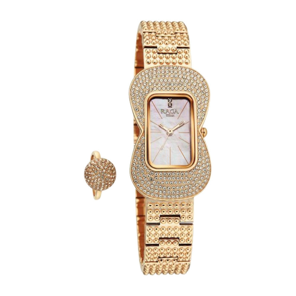 Titan Raga Glimmers Quartz Analog Pink Mother Of Pearl Dial Rose Gold Metal Strap Watch For Women 95340WM01F